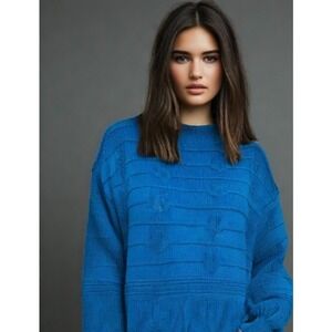 80s Sweater Women Size Large Turquoise Texture CrewNeck Long Sleeve Pullover EUC